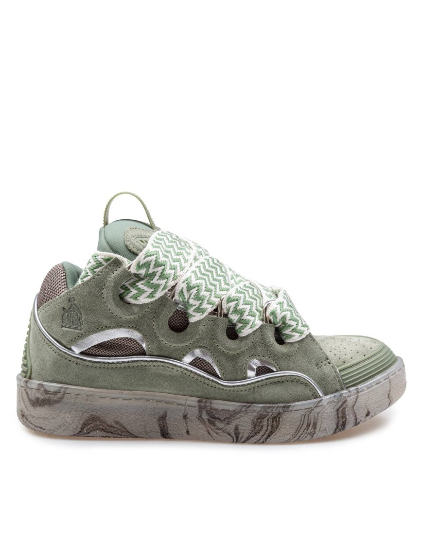 Lanvin Green Leather And Mesh Curb Sneakers
