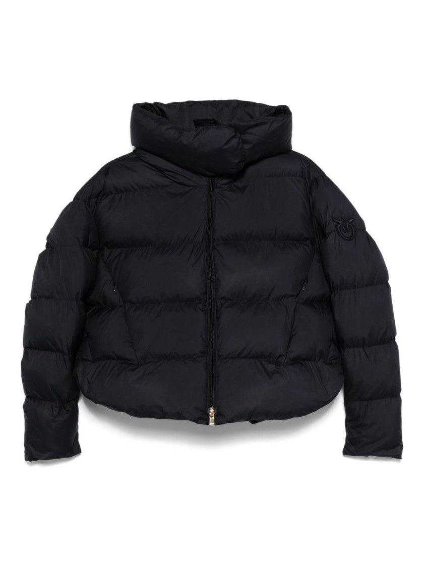 Pinko Cropped Navy Blue Quilted Coat With High Neck And Logo Patch