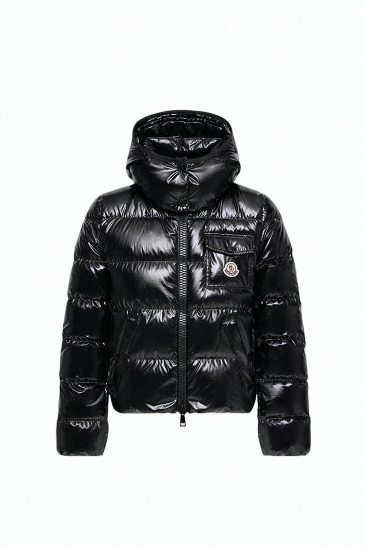 Moncler Cropped Shiny Black Puffer Jacket With Horizontal Quilting And Hood