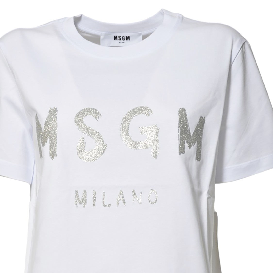 Msgm White Cotton T-Shirt With Glitter Brush Logo Print