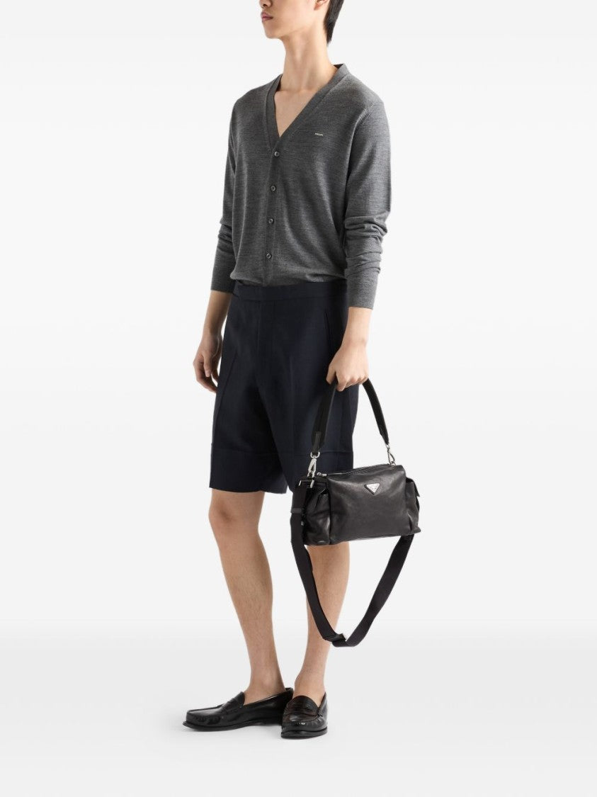Prada Black Buffalo Leather Triangular Logo Shoulder Bag