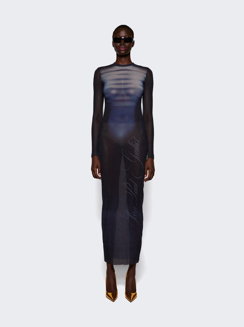 Jean Paul Gaultier Le Male Printed Mesh Crew Neck Long Dress Navy