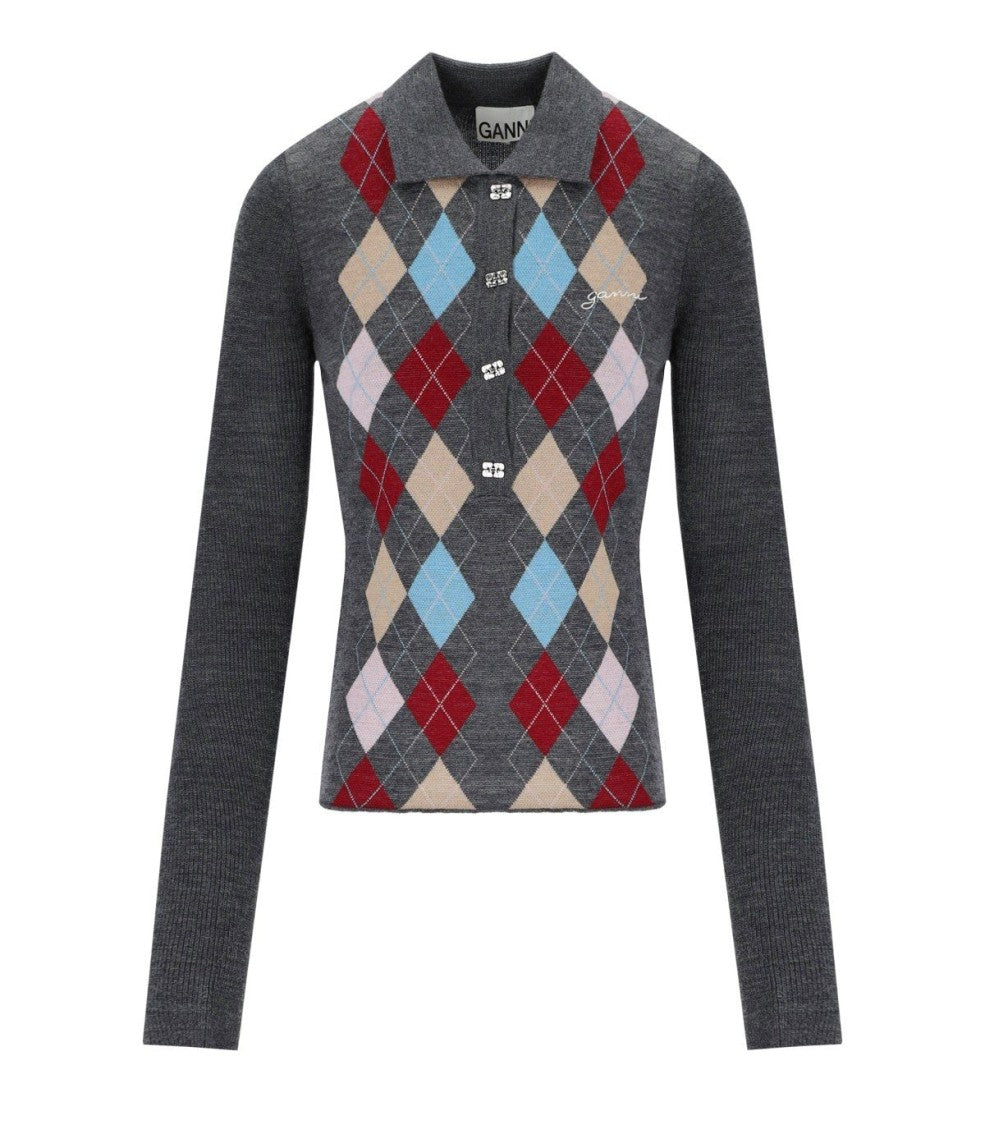 Ganni Grey Jacquard Polo Sweater