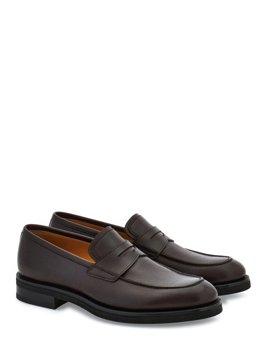 Ferragamo Brown Leather Penny Loafers With Low Stacked Heel