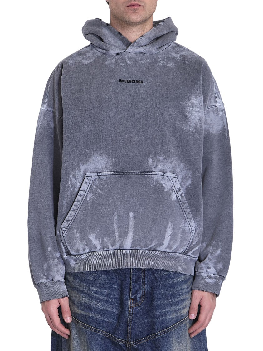 Balenciaga Washed Grey Oversized Hoodie With Tie-Dye Effect And Bold Logo
