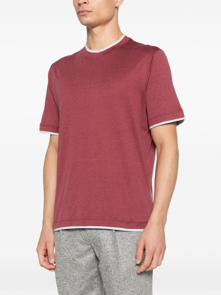 Brunello Cucinelli Red Contrasting Crew Neck Cotton T-Shirt