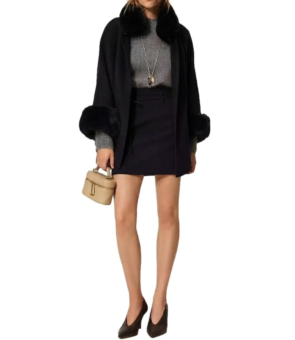 Twin-Set Plush Fur Trim Flowing Cape Coat