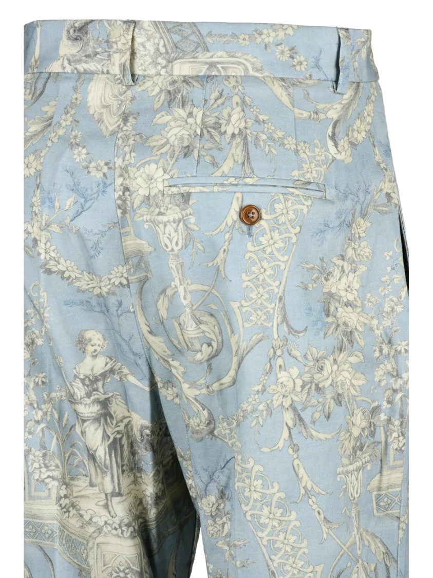 Vivienne Westwood Tailored Light Blue Cotton Trousers With Vintage Floral Motif