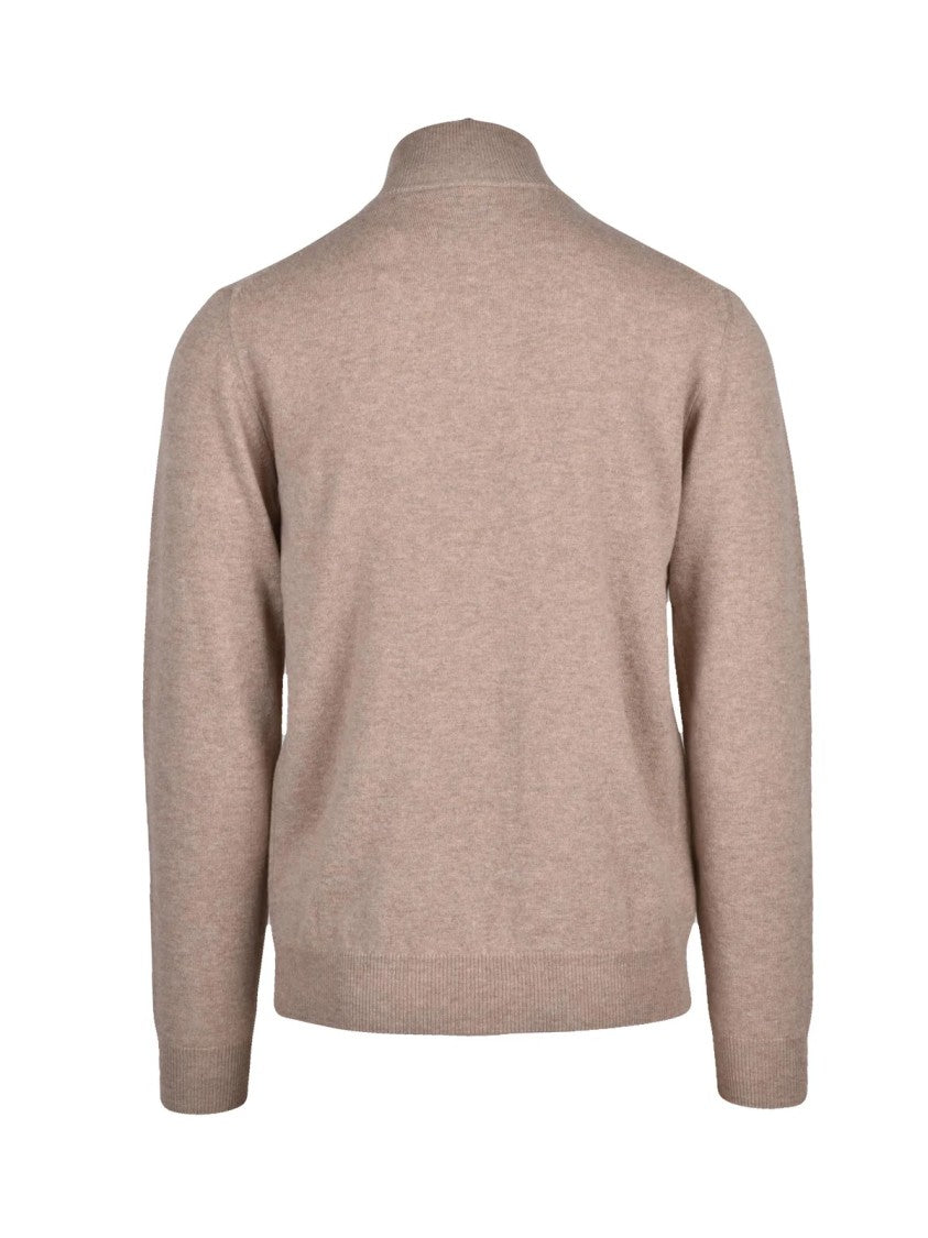 Gant Zip-Neck Beige Wool Pullover With Ribbed Details