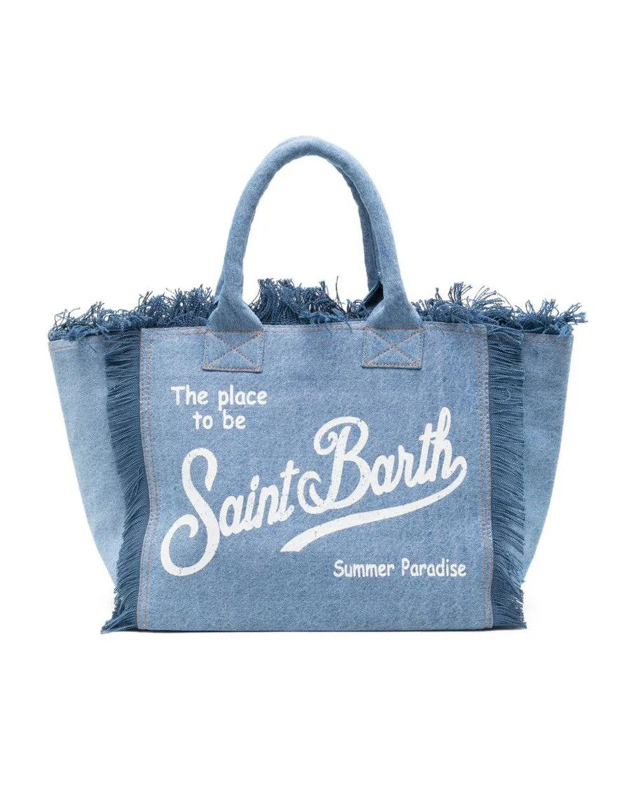 Mc2 Saint Barth Fringed Denim Tote Bag With Internal Flap And Zippered Pocket
