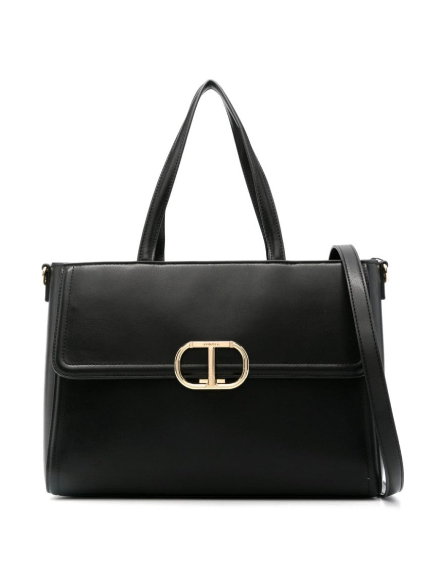 Twin-Set Structured Black Tote Bag With Gold-Tone Clasp
