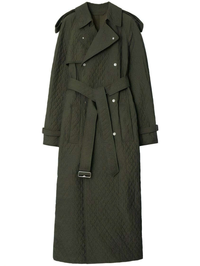 Burberry Quilted Green Long Coat With Belted Waist