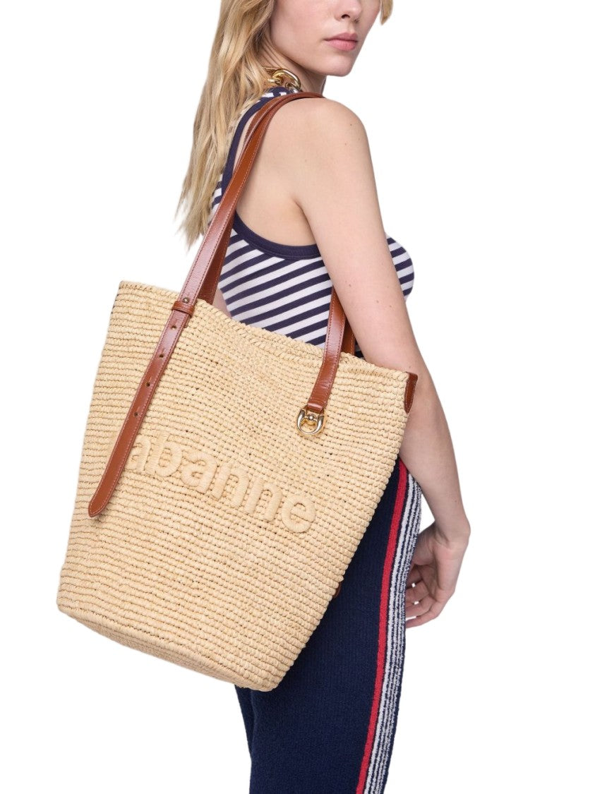 Rabanne Woven Raffia Tote Handbag With Calfskin Accents