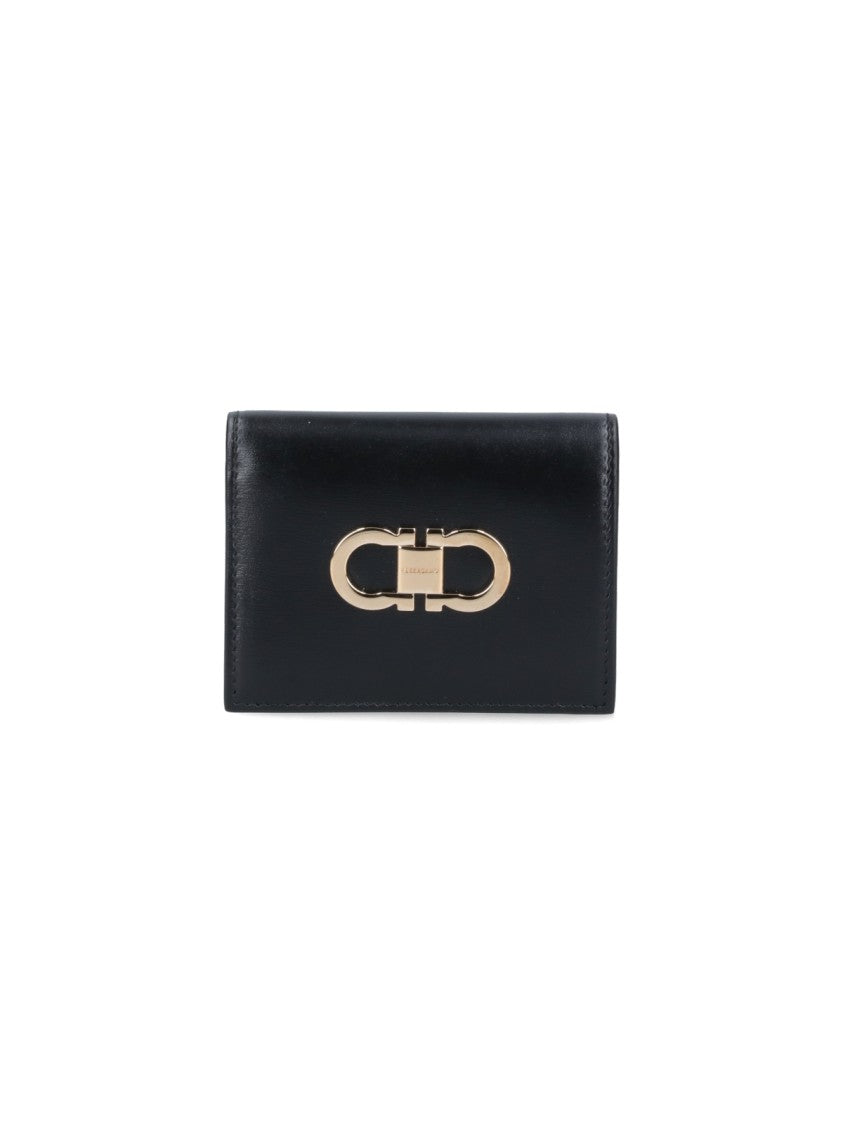 Ferragamo Compact Black Wallet With Gold-Tone Clasp