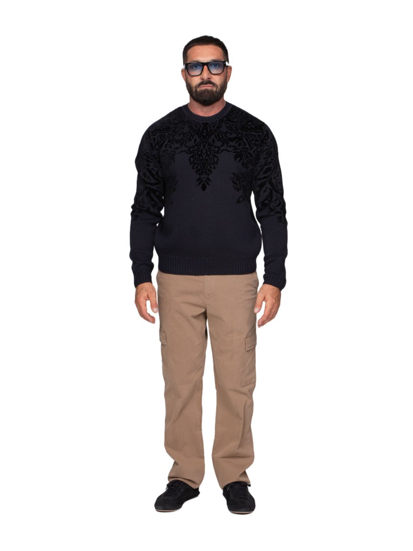 Etro Textured Black Knit Sweater With Velvet Detailing