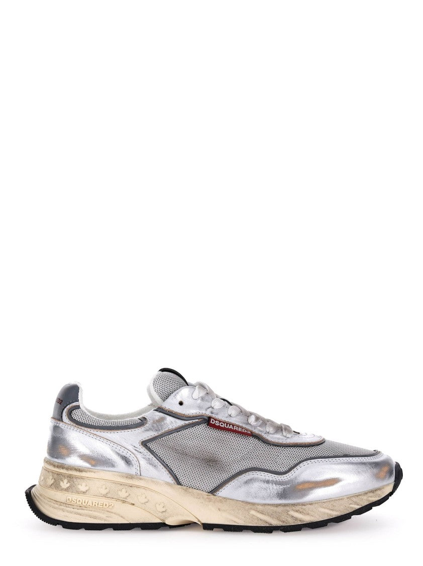 Dsquared2 Vintage-Effect Silver Leather Mesh Sneakers