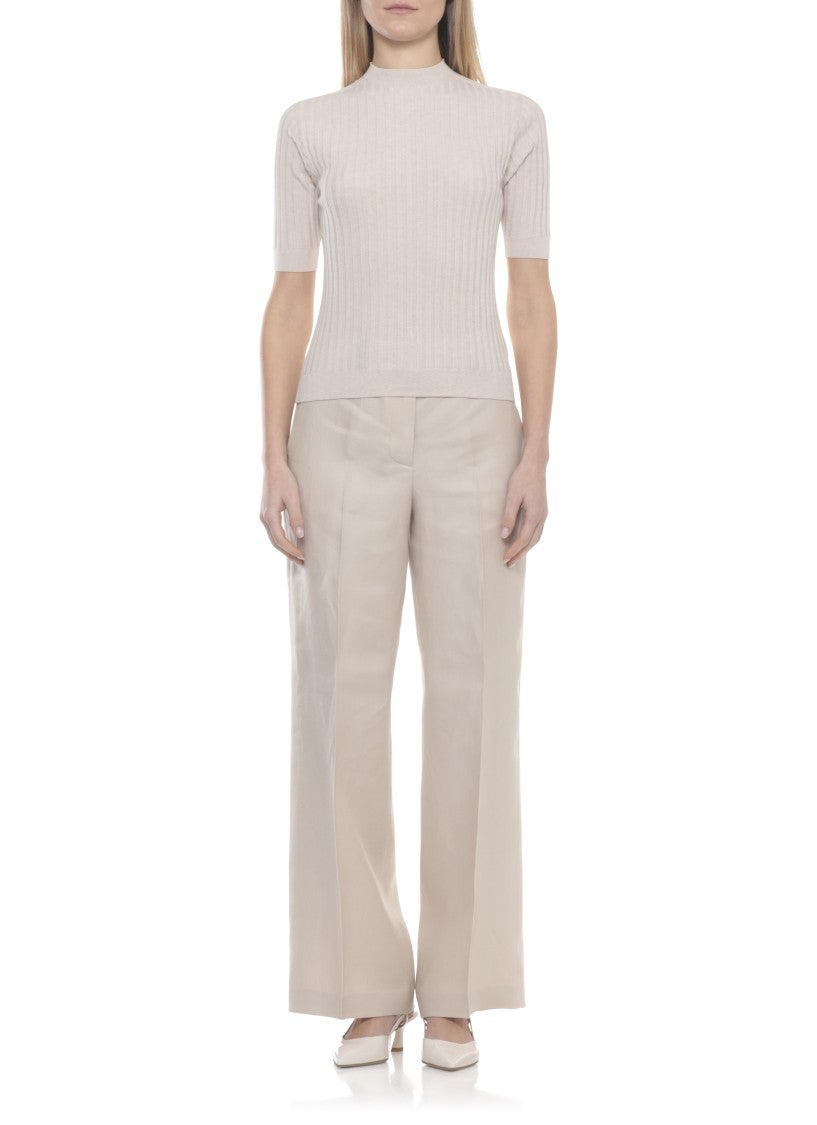 Peserico Beige Ribbed Pattern Cotton Knit Top