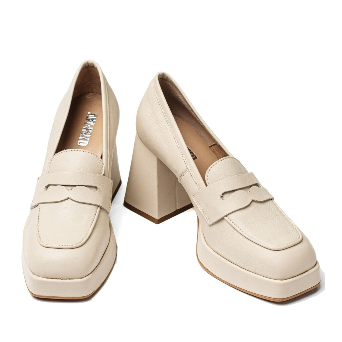 Vamsko Greta Beige High Block Heel Leather Loafer Pumps
