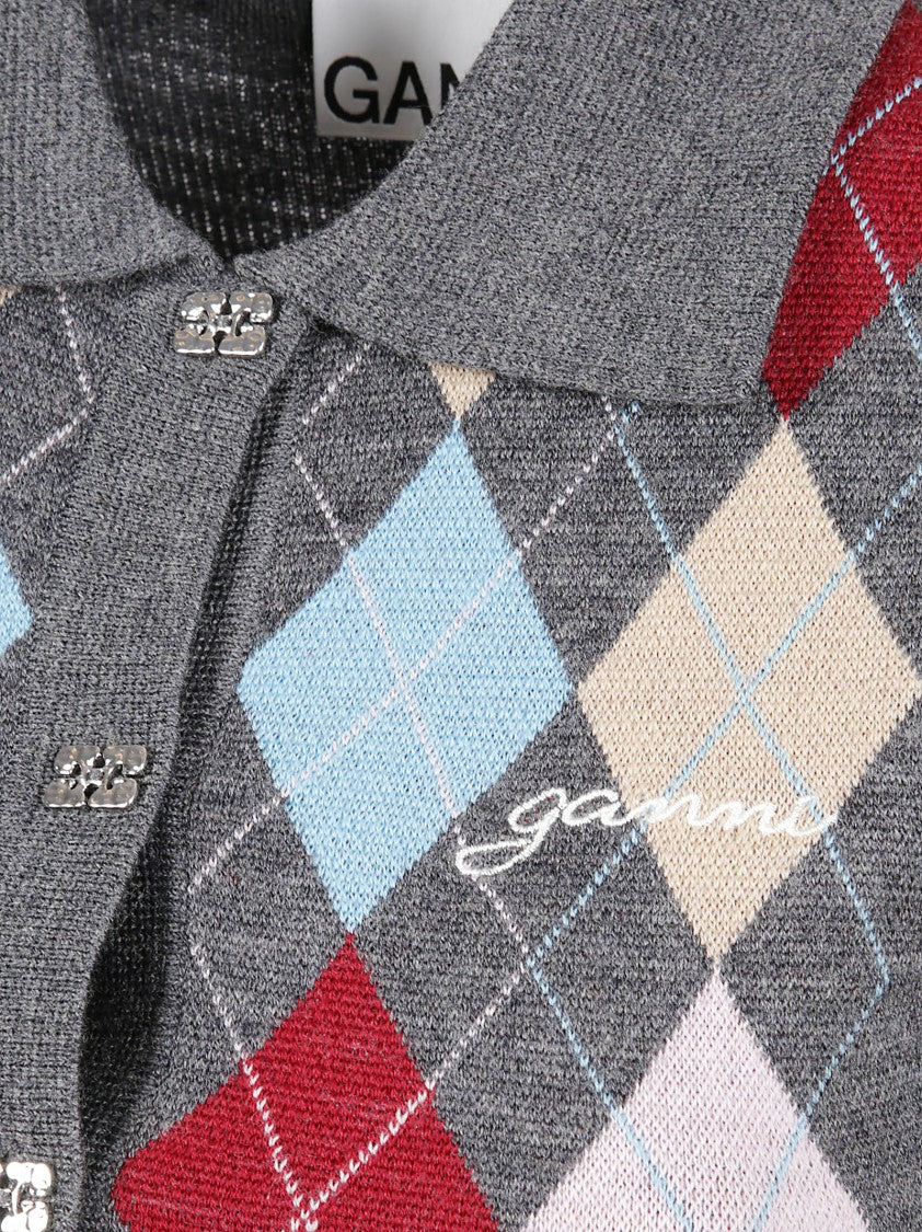 Ganni Diamond-Patterned Polo Shirt With Classic Collar