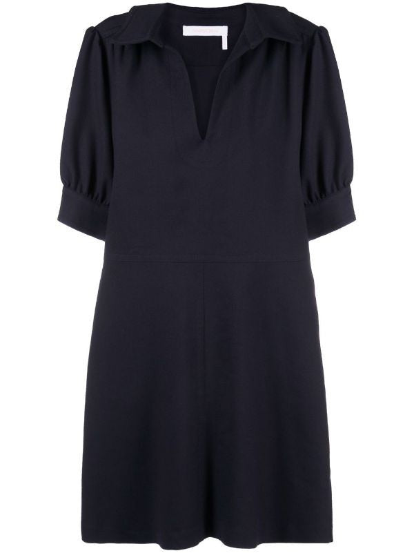 See By Chloé Midi Dress With Polo Collar And Puffed Sleeves