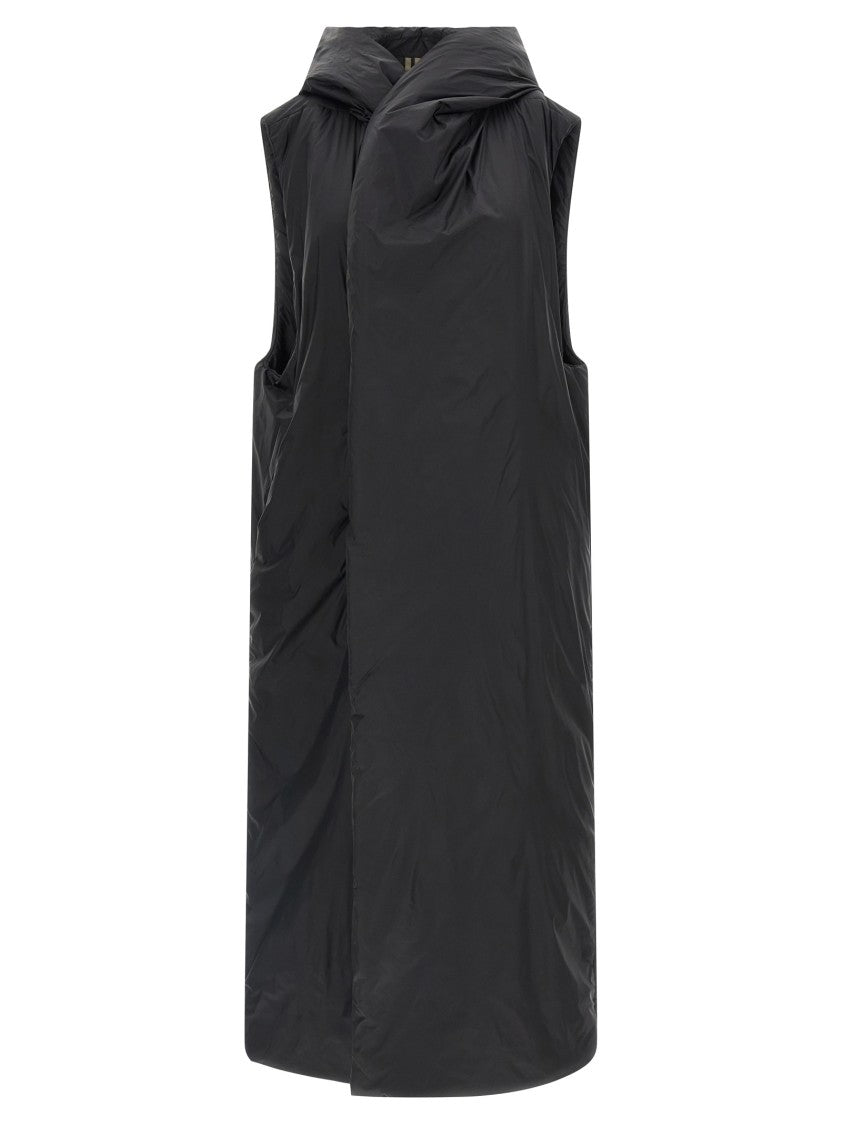 Drkshdw Padded Black Long Vest With Asymmetric Closure And Hood