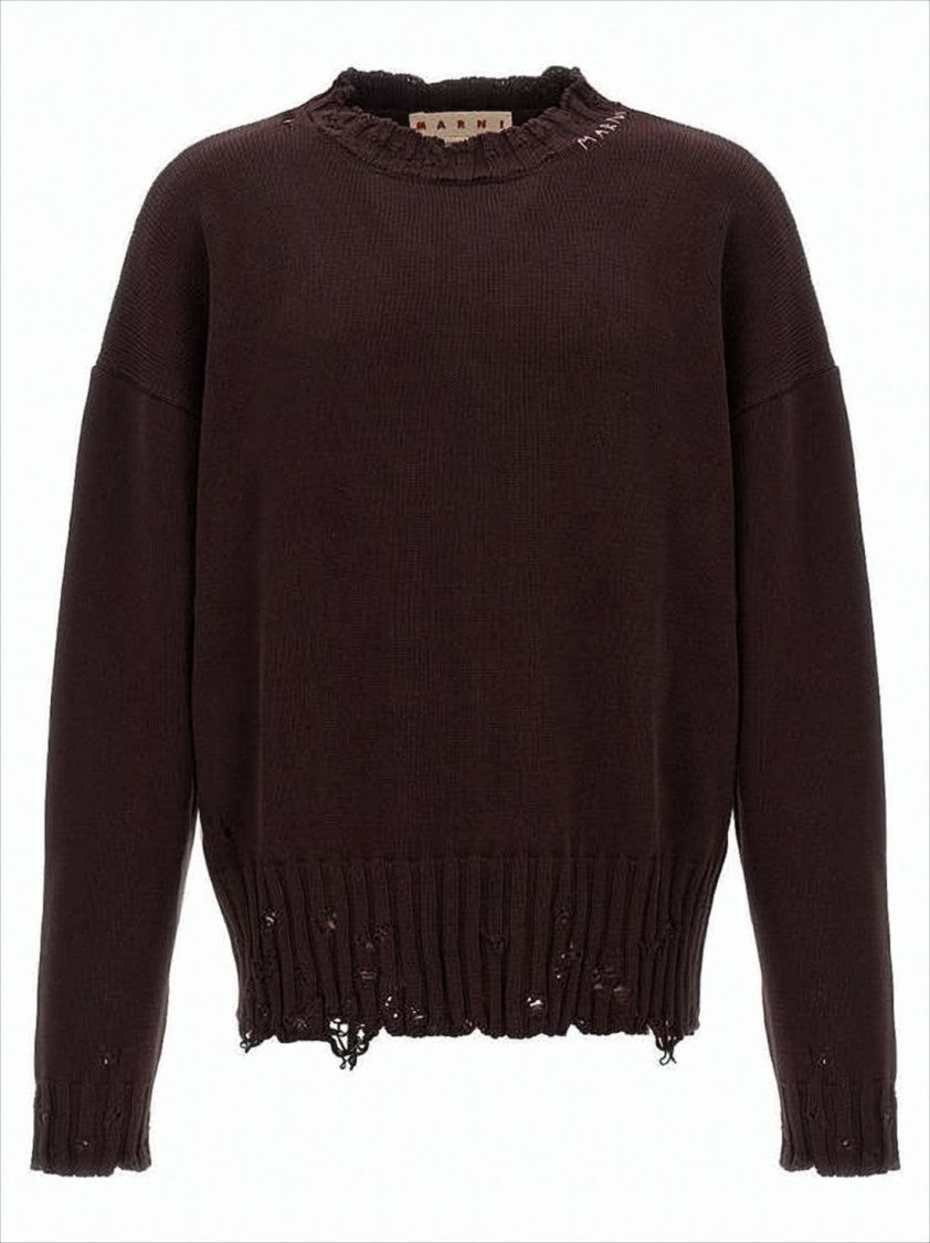 Marni Distressed Cotton Knit Sweater With Embroidered Logo