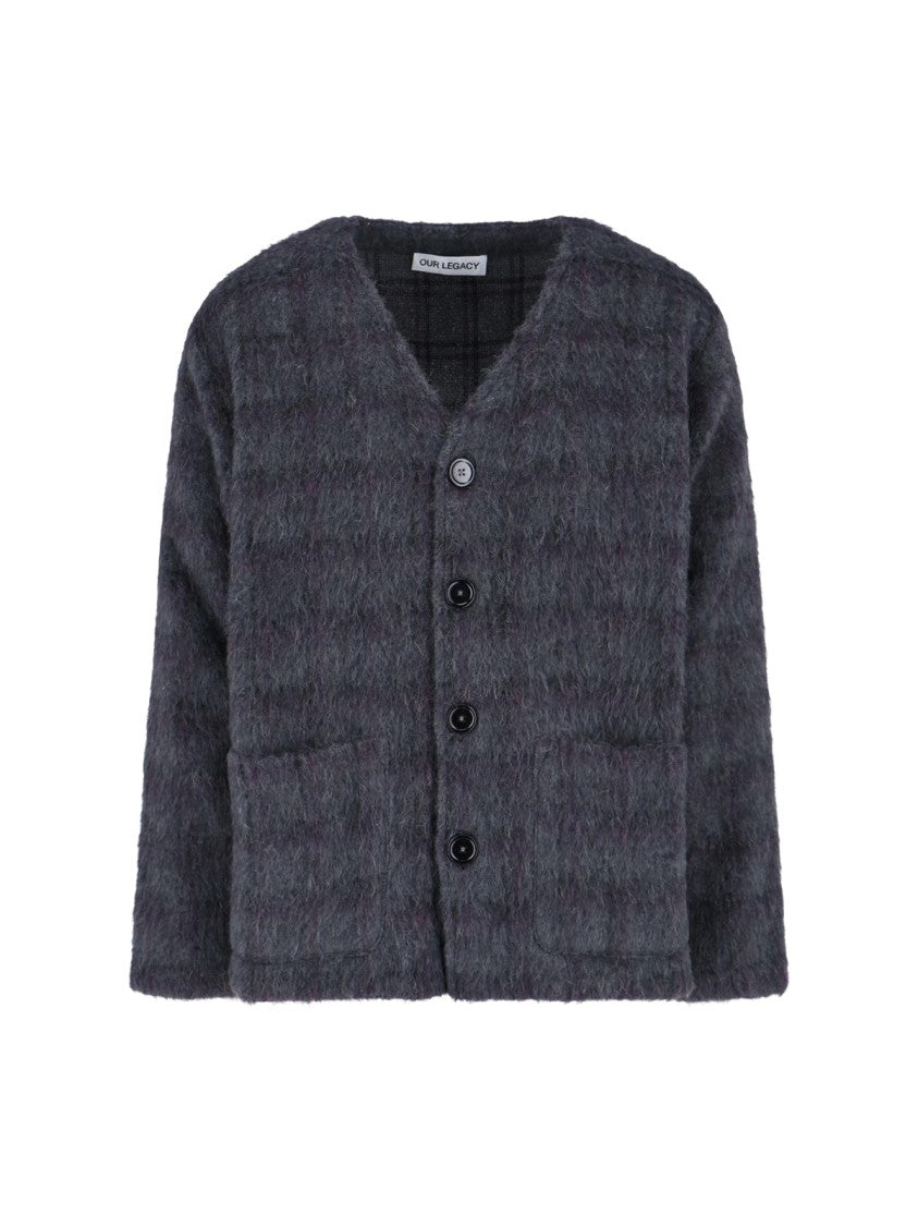 Our Legacy “Plum Check” V-Neck Cardigan – Grey