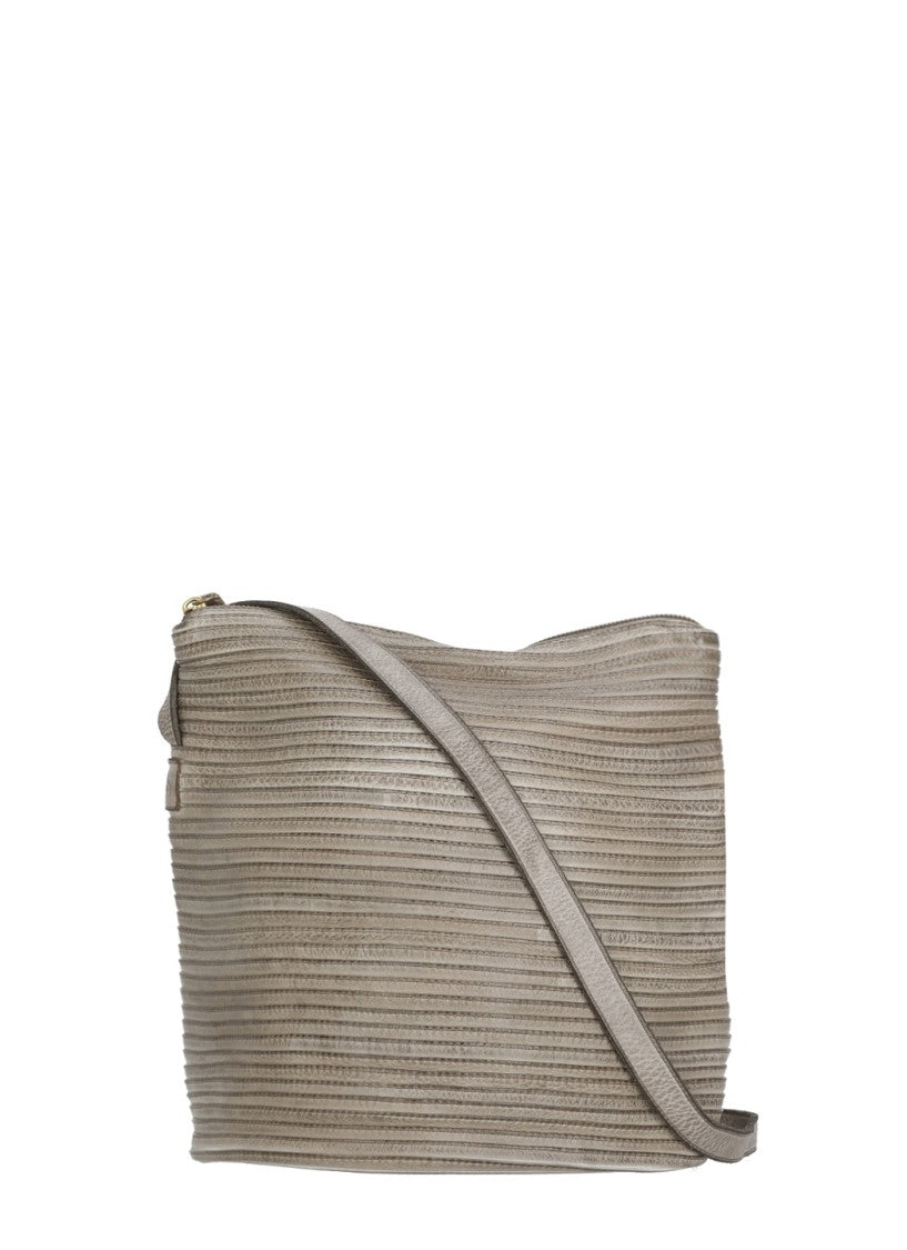 Majo Majo Grey Leather Shoulder Bag With Textured Ribbed Finish