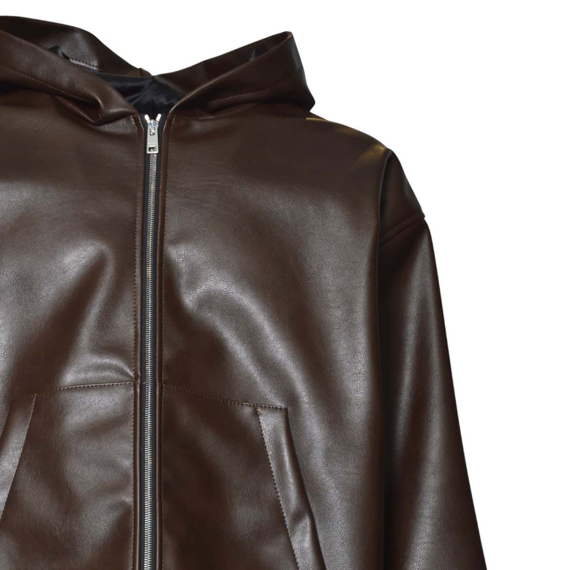 Msgm Brown Faux Leather Jacket With Hood And Minimalist Design