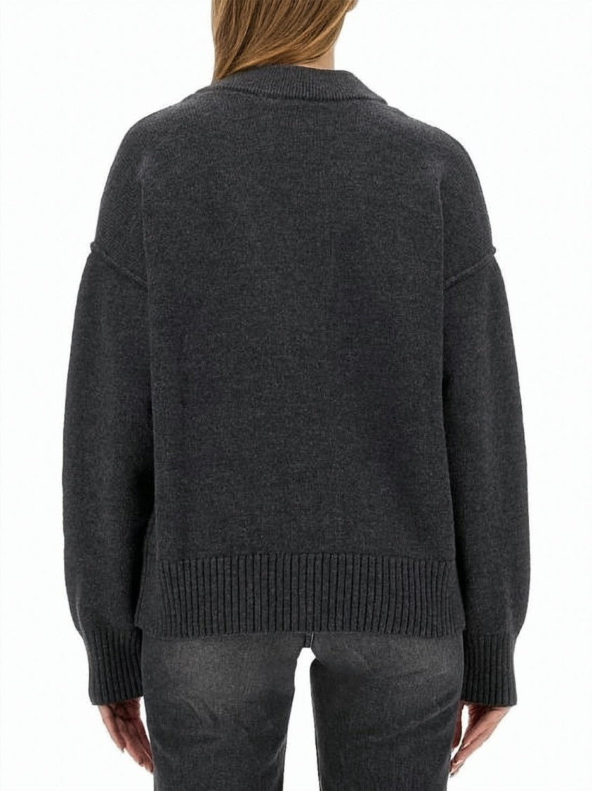 Ami Paris Grey Wool Cardigan With Deep V-Neckline