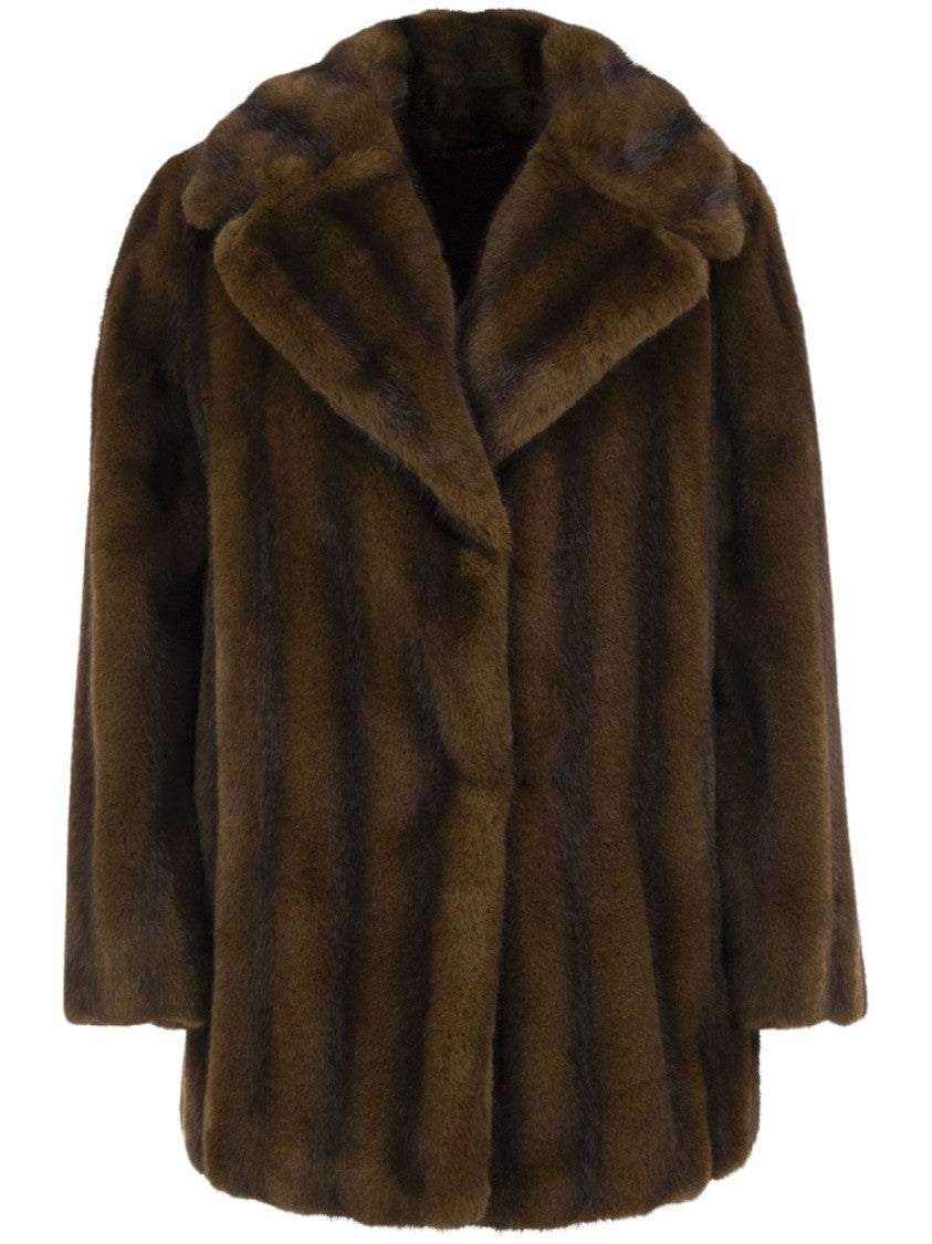 Max Mara Plush Faux Fur Jacket With Wide Lapel In Deep Brown