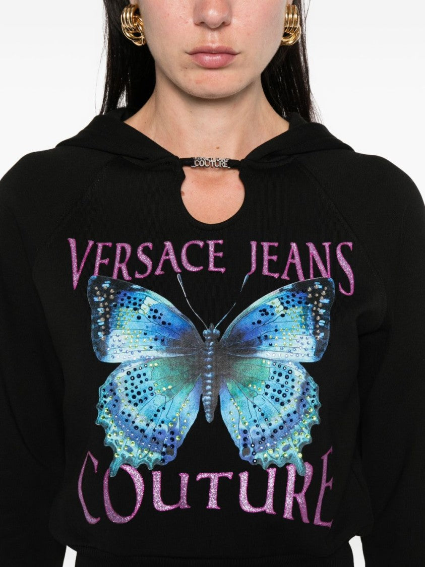 Versace Jeans Couture Cropped Black Sweatshirt With Butterfly Graphic