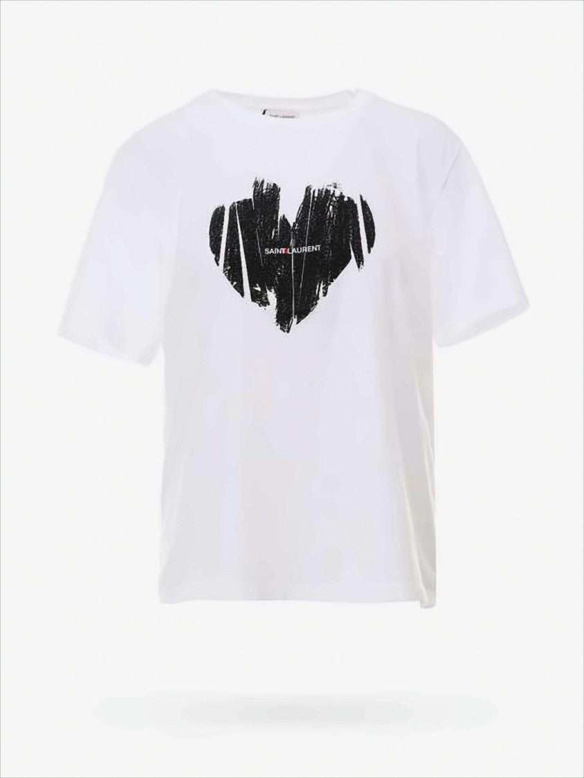 Saint Laurent White Cotton Saint Laurent T-Shirt With Bold Heart Graphic