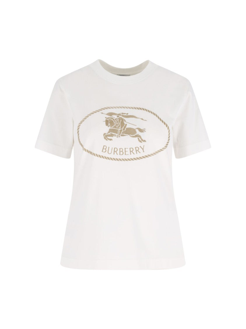 Burberry Crew Neck T-Shirt With Oversized Beige Logo