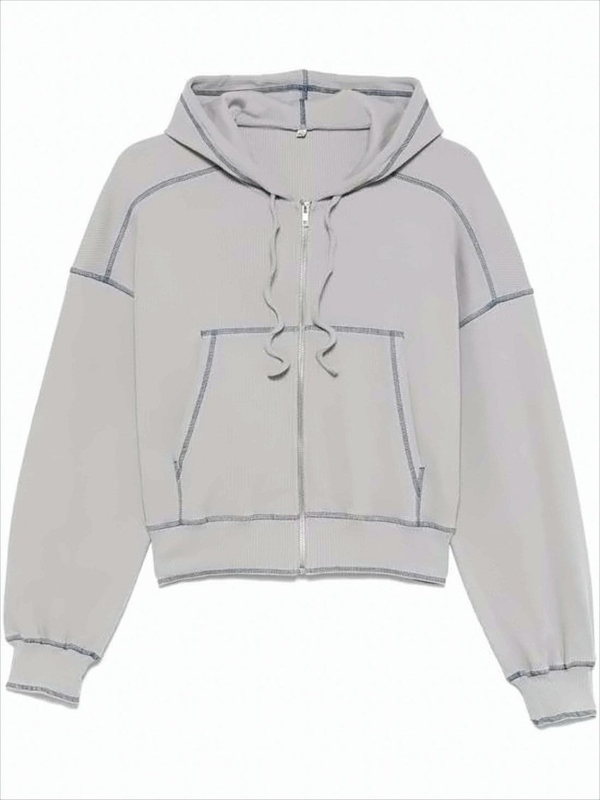 Baserange Cropped Zip-Up Hoodie With Drawstring And Kangaroo Pocket