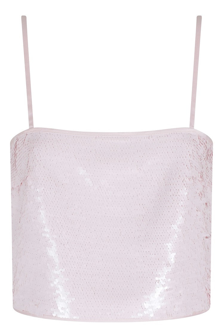 Isabelle Blanche Pink Sequined Straight-Neckline Polyester Tank Top