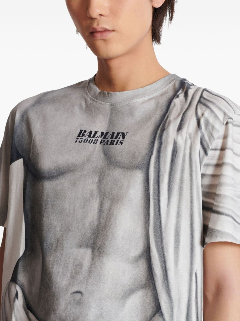 Balmain Light Grey Graphic Art Print T-Shirt