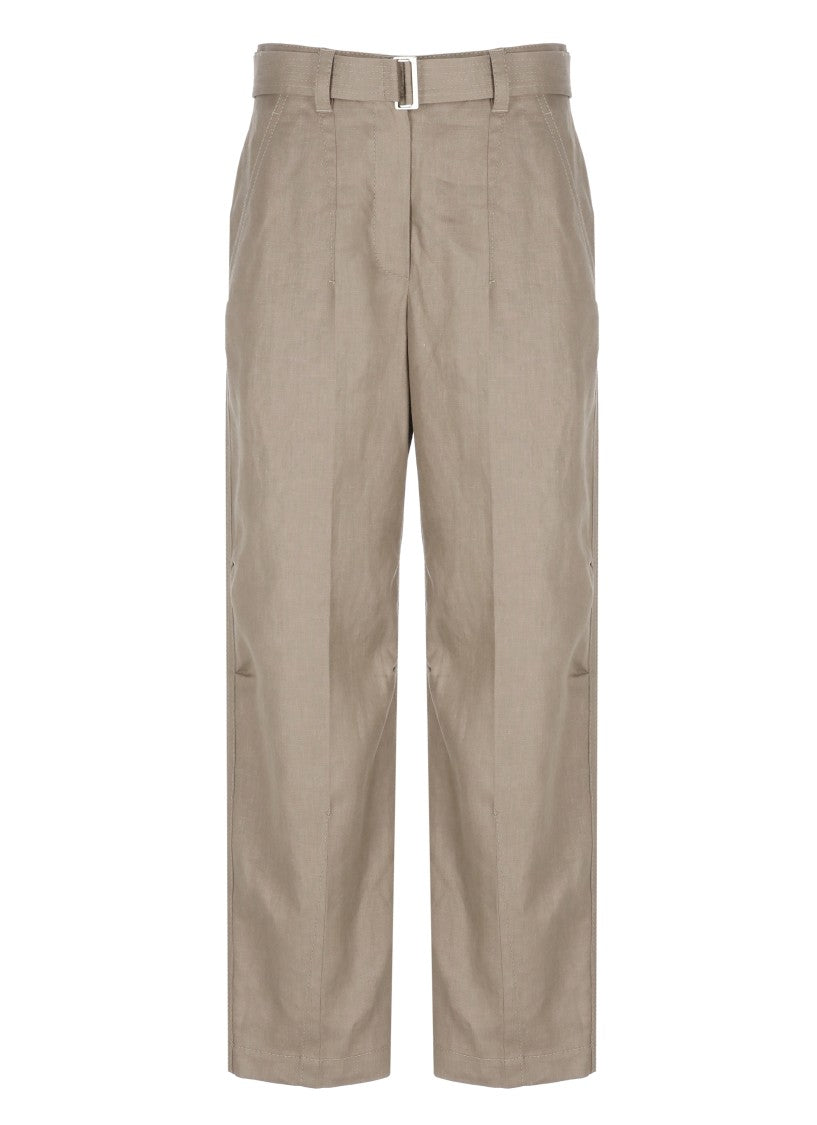 Brunello Cucinelli Brown High-Waisted Linen Pants With Belt
