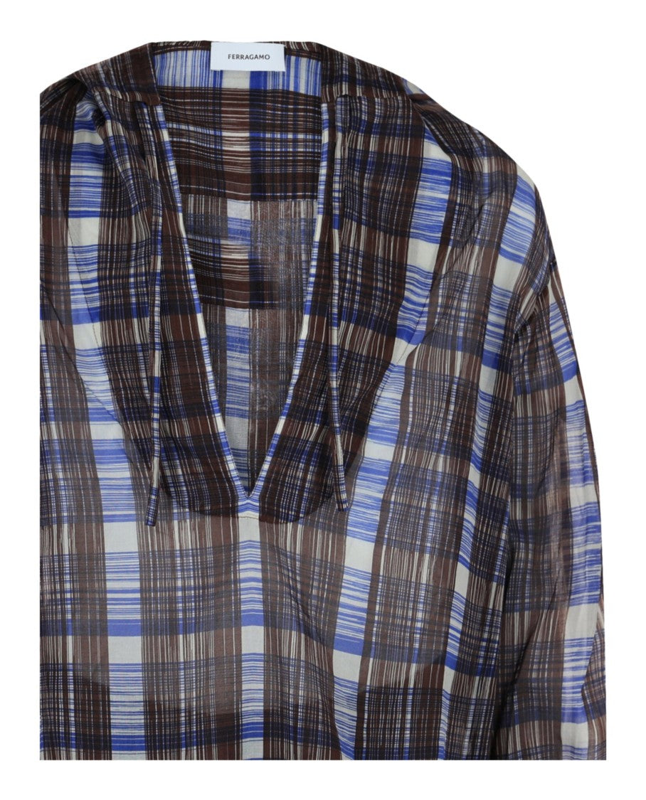 Ferragamo Plaid Print Hooded Shirt With Front Tie And Slit Sides