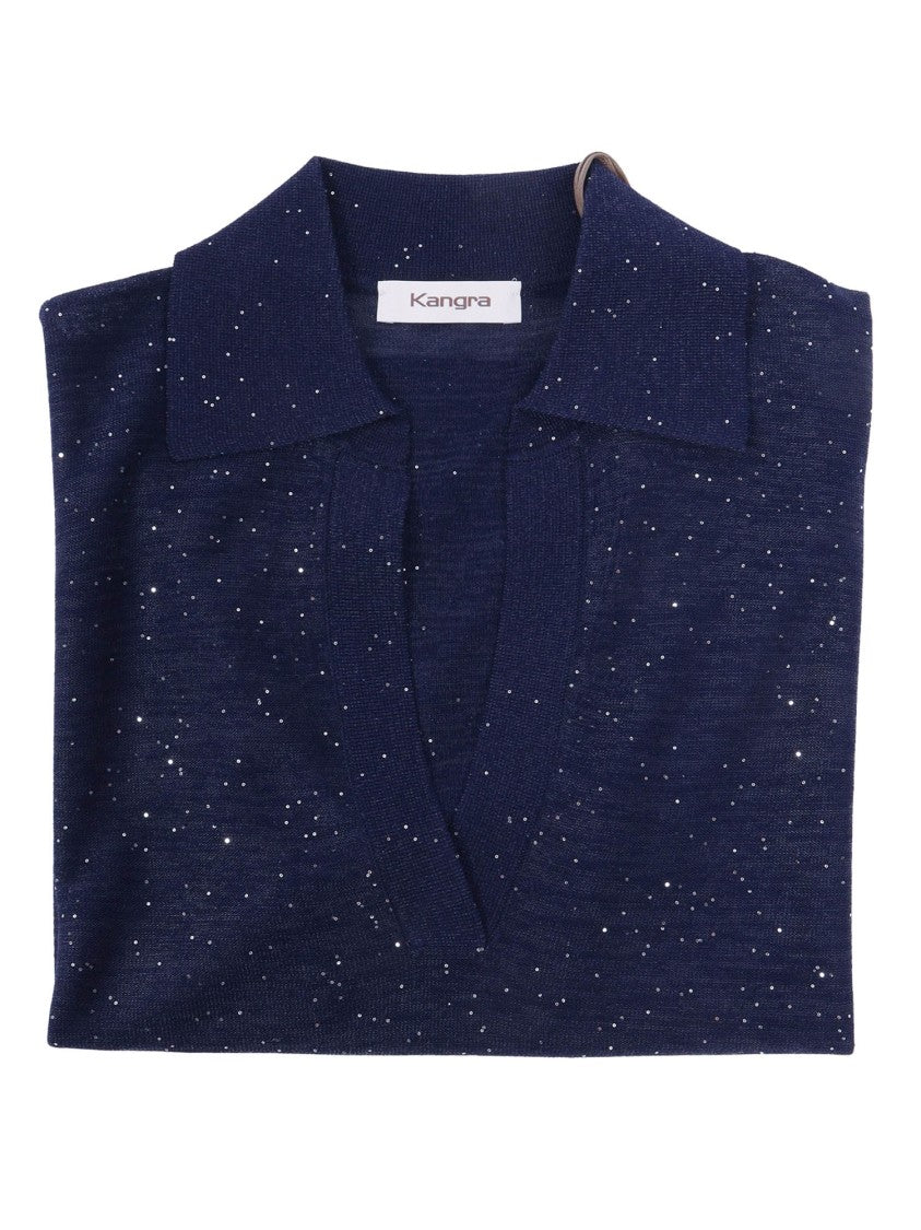 Kangra Cashmere Deep V Neck Sequined Polo Shirt