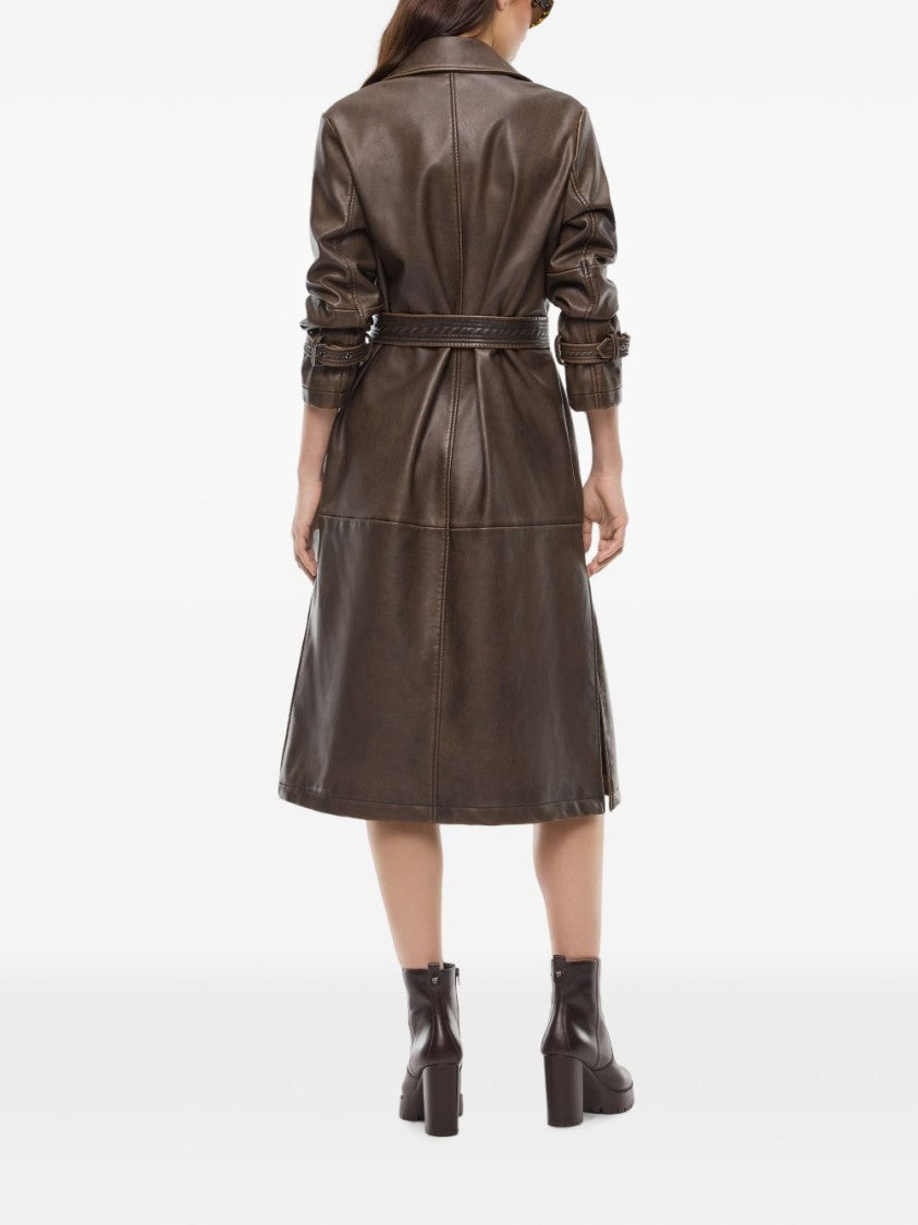 Pinko Dark Brown Knee-Length Double-Breasted Faux Leather Jacket