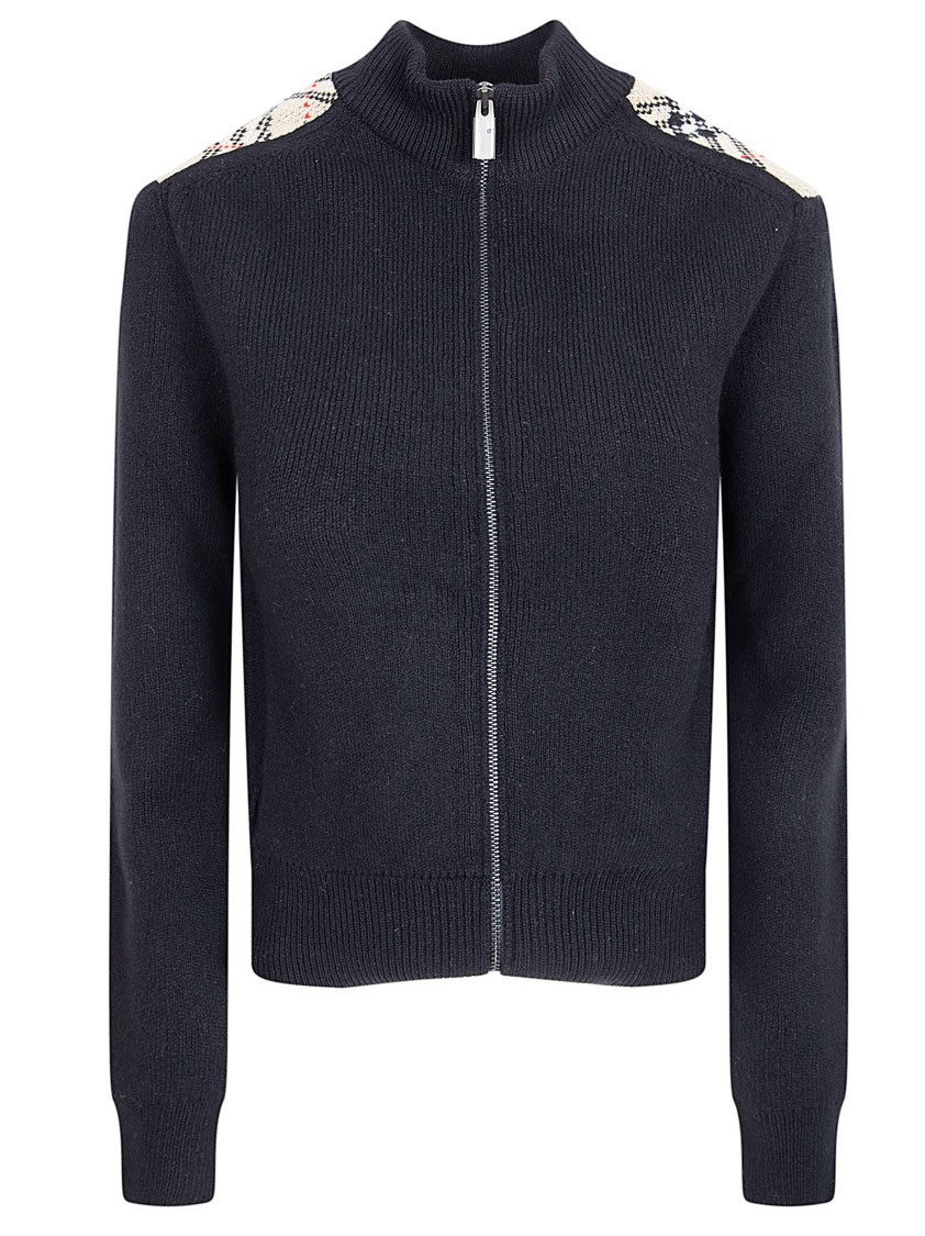 Burberry Cashmere-Wool Blend Cardigan With Plaid Patches And Full-Zip Closure