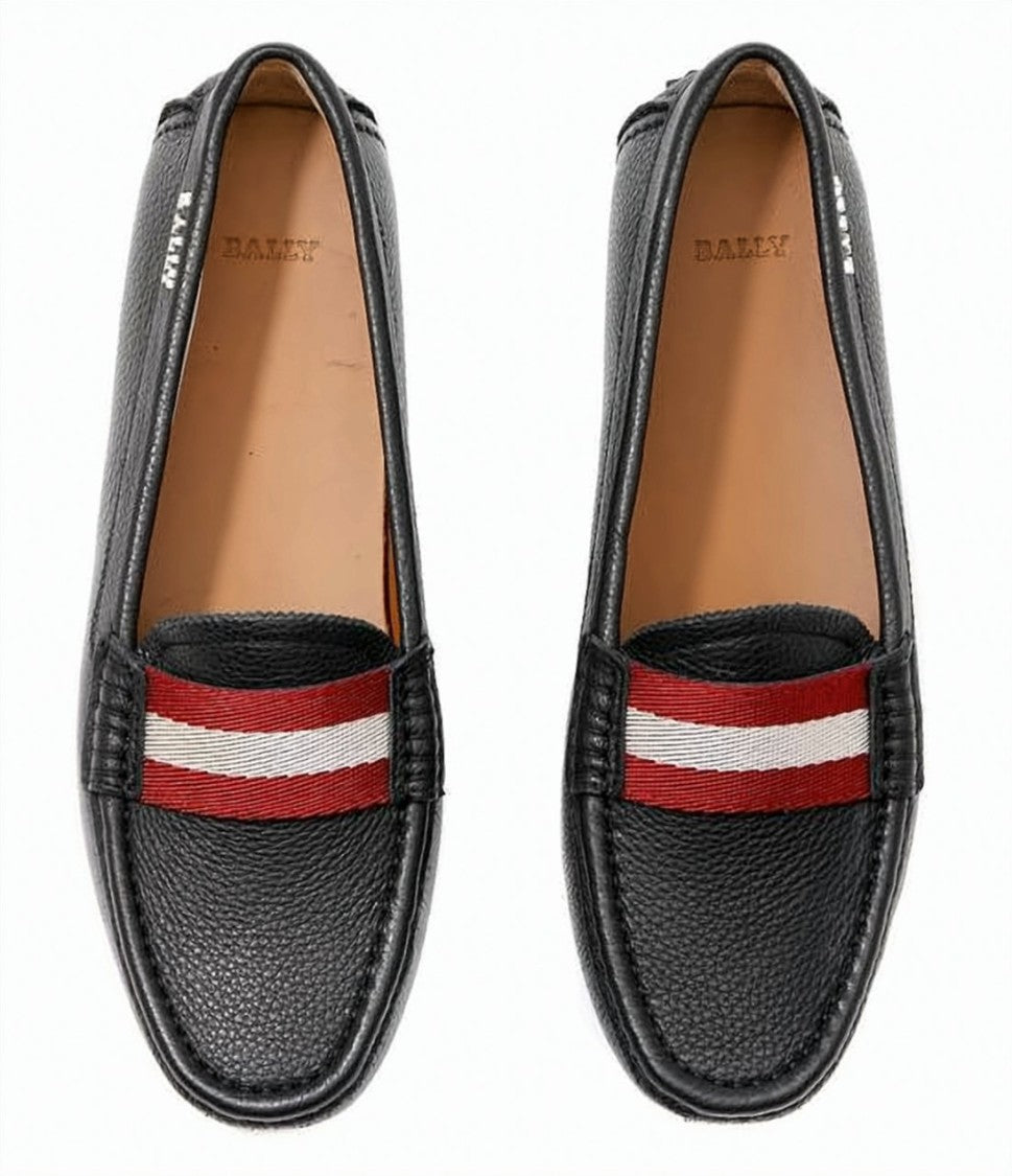 Bally Textured Black Leather Loafers With Striped Fabric Band