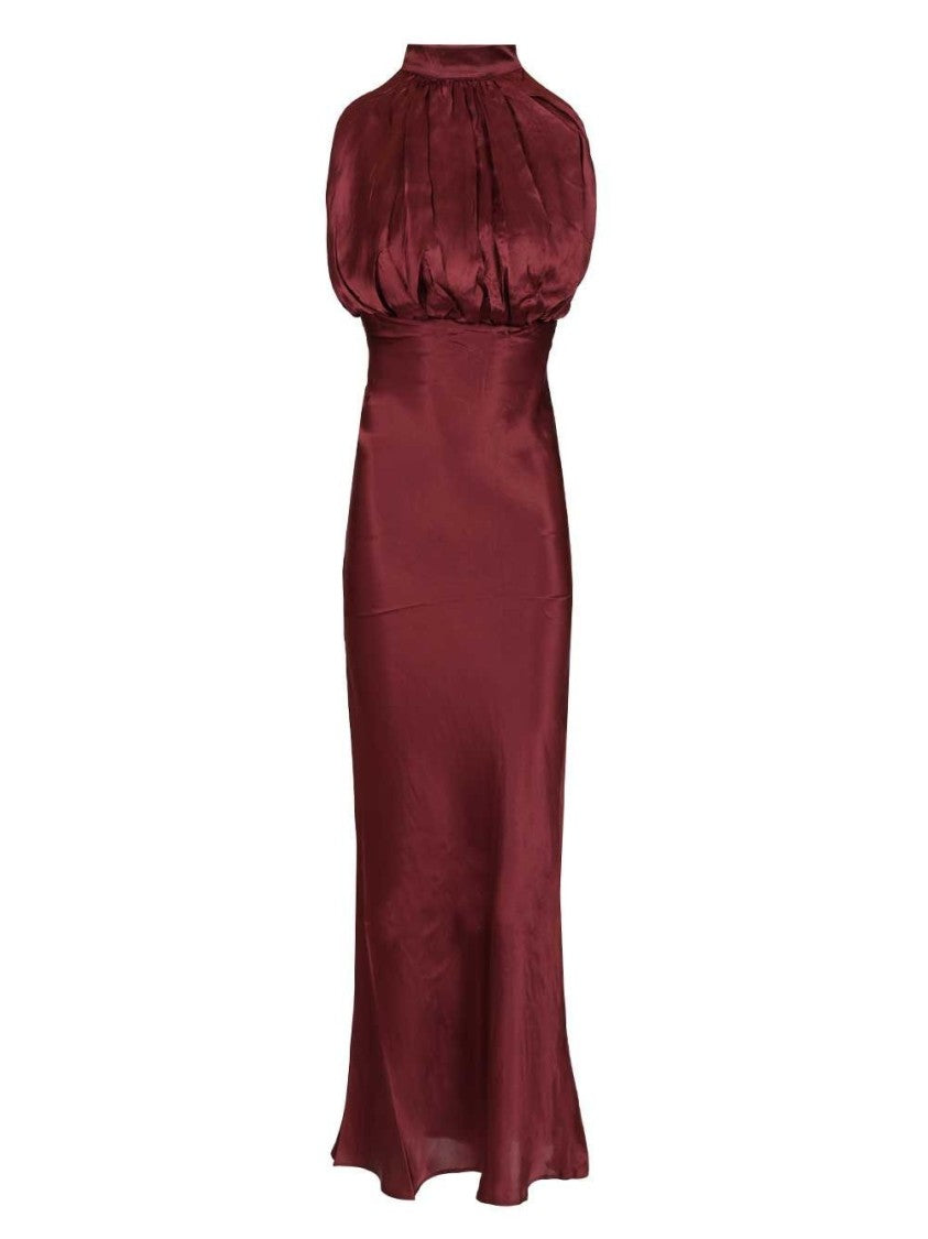 Rotate High Gathered Neckline Silk Maxi Dress