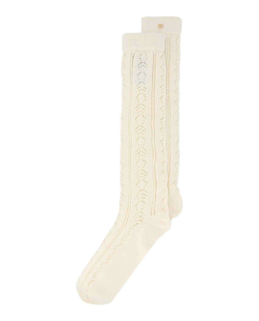 Valentino Knee-High Cotton Socks With Open Crochet-Knit Pattern And Gold Accents