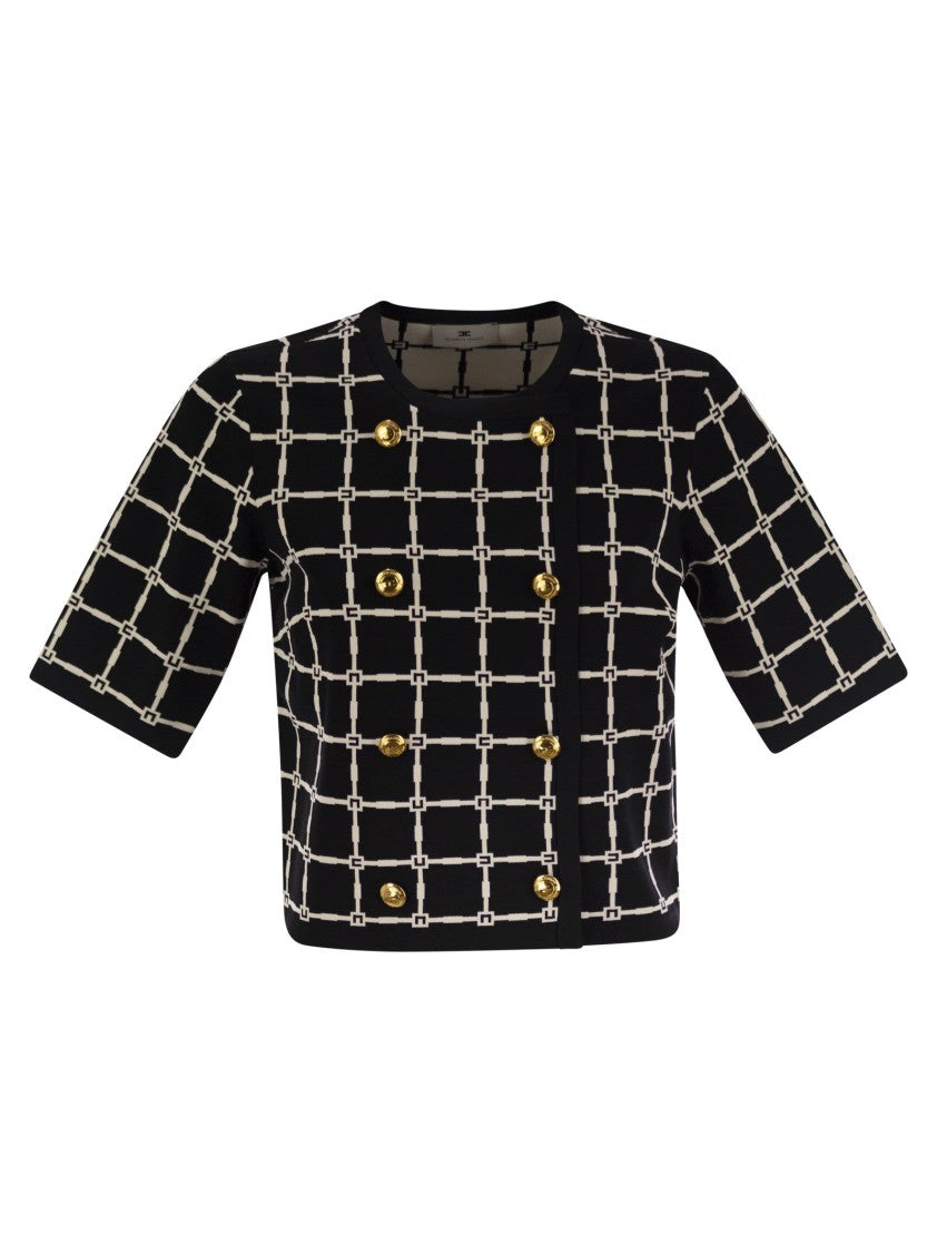 Elisabetta Franchi Jacquard Logo Cardigan With Gold Buttons