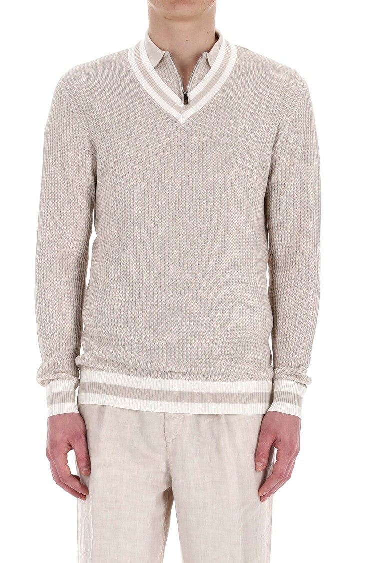 Eleventy V-Neck Cotton Sweater With Contrast Trim