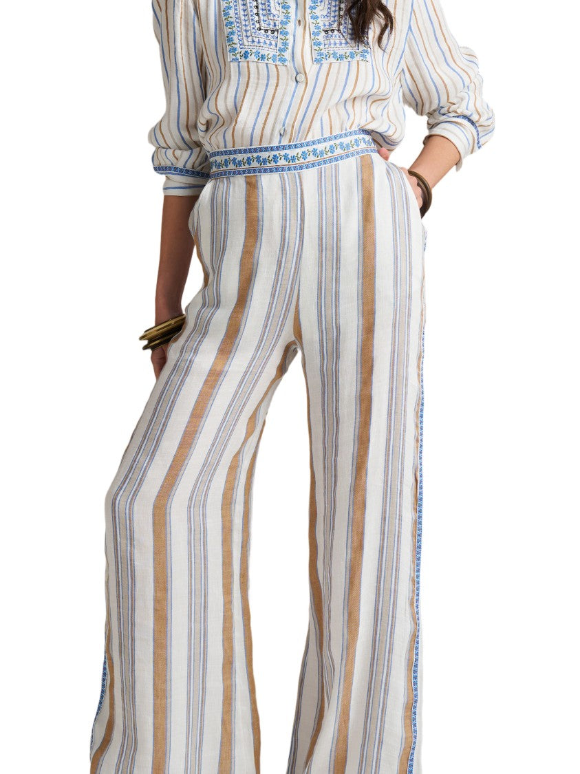 Pho Firenze White Striped Embroidered Fabric Wide-Leg Pants