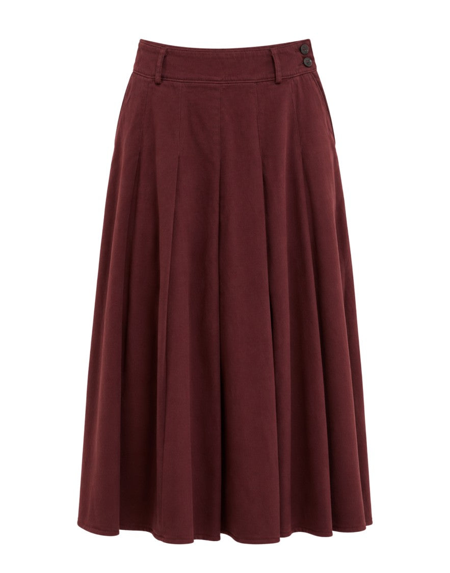 Pomandère Burgundy High-Waist Pleated Cotton-Wool Midi Skirt