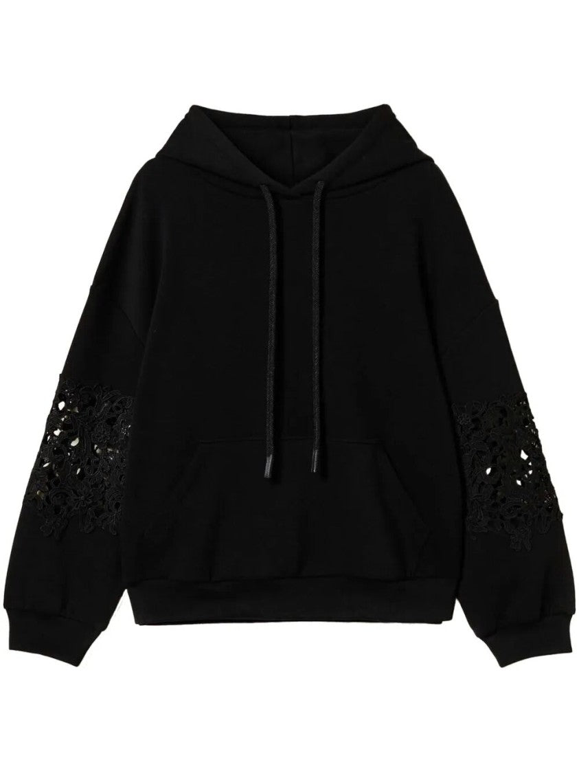 Twin-Set Black Relaxed-Fit Hoodie With Intricate Lace Detailing